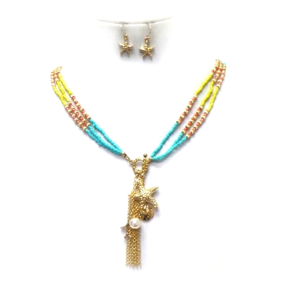 layered seed beaded sea life charm necklace set - Picture 2 of 4